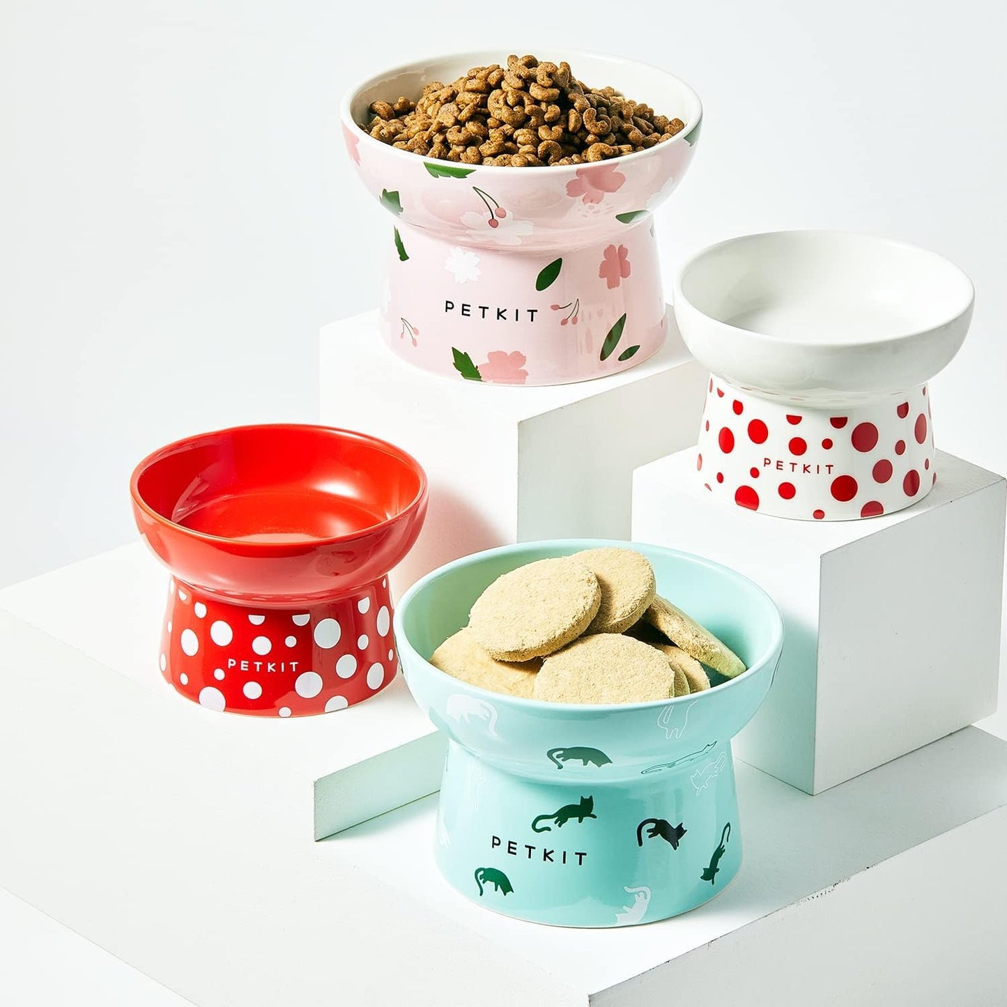 PETKIT Raised Cat Bowl, Ceramic Cat Elevated Food Bowl, Stress Free, Anti Vomiting, Backflow Prevention Cat Dog Water Bowl, Dishwasher and Microwave Safe, Pink