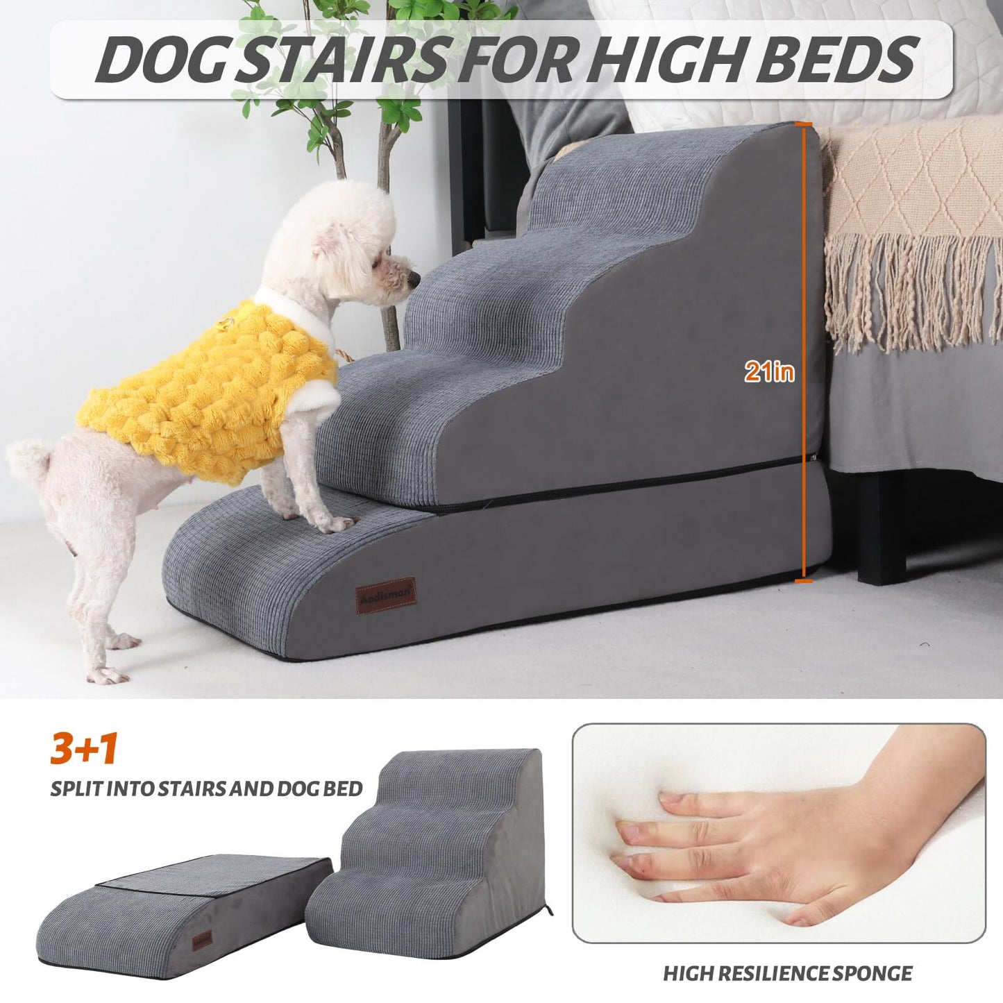 Aodisman 4-Step Dog Stairs & Ramp for Beds or Couches – 21" Grey Non-Slip Pet Steps