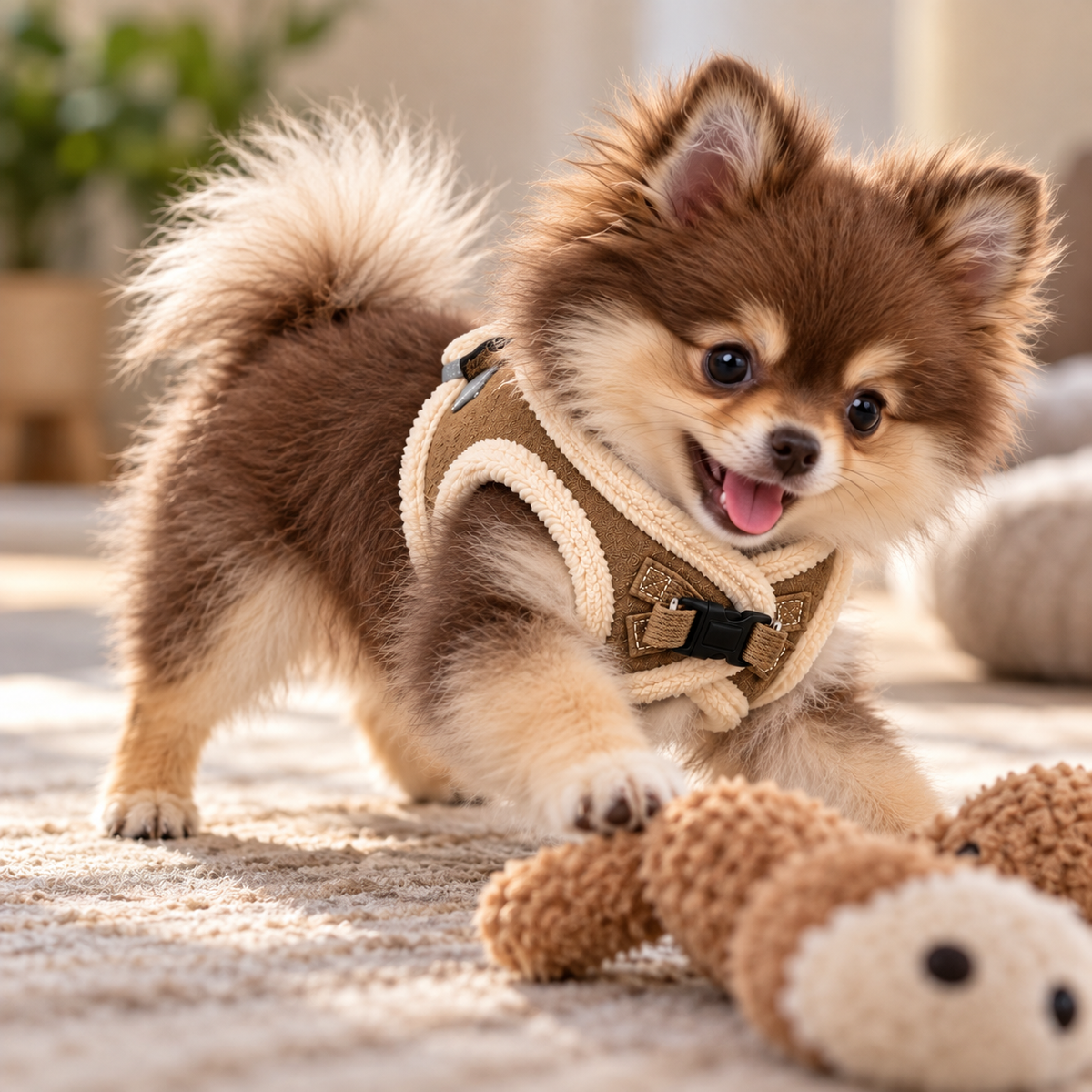 Luxury Pomeranian & Small Dog Harness In Soft Touch Suede Effect Faux Fur Lined Mocha Colour 🤎🐾