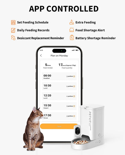 PETKIT Automatic Cat Feeder with Camera, 1080P HD Video with Night Vision, 2-Way Audio, 3L Auto Cat Feeder with Battery-Backup, Low Food & Blockage Sensor, App Control Cat Food Dispenser