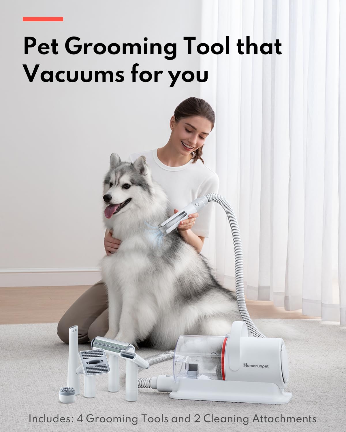 HomeRunPet Ultra Quiet Pet Vacuum, Suction 99% pet Hair, 6 Tool Grooming Kit, Anti Shedding, 1.85L Dust Cup, Home Grooming & Cleaning for Dogs, Cats, Others