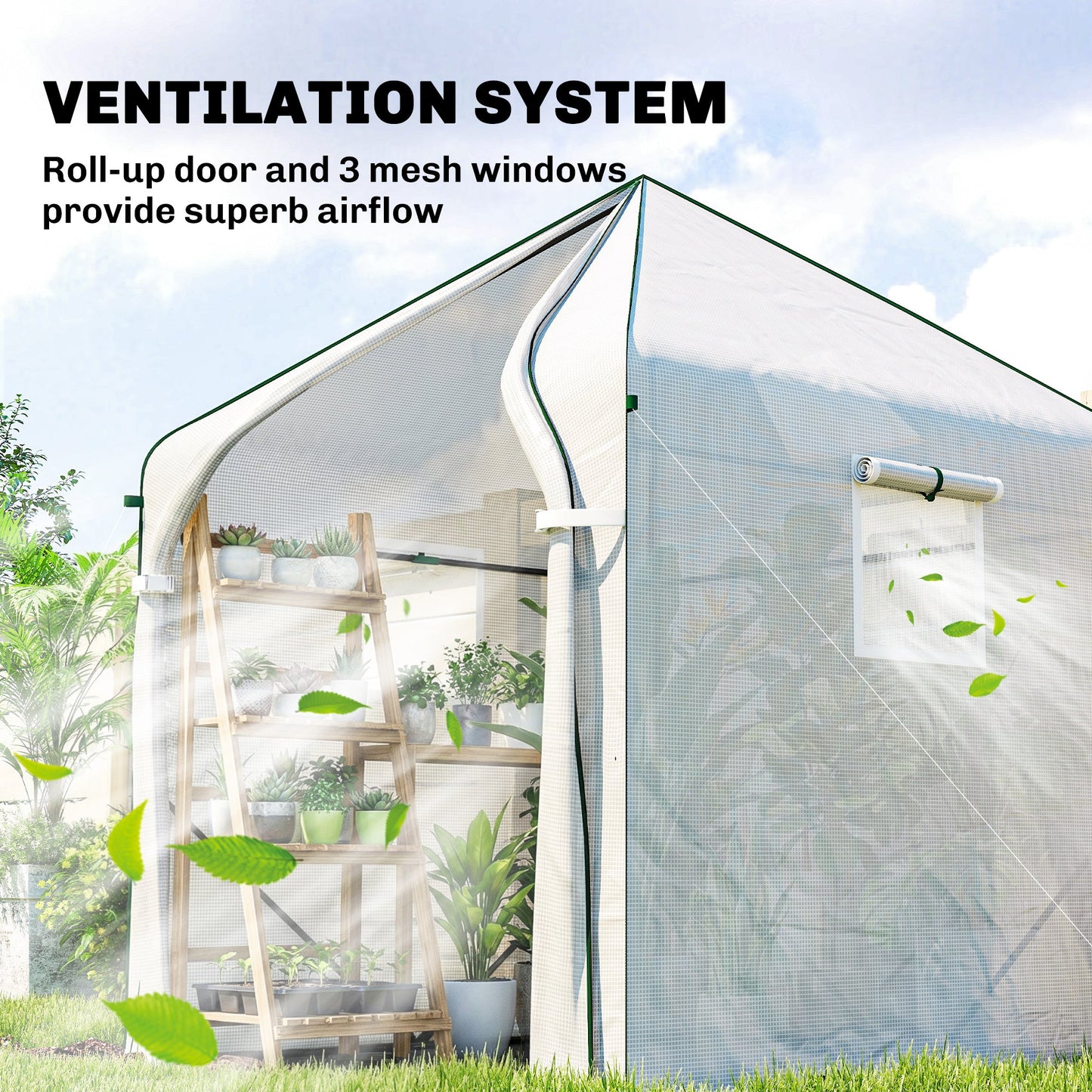 Outsunny Walk-in Greenhouse for Outdoors with Steel Frame, Large Plant House with Roll-up Door and PE Ground Cover, White