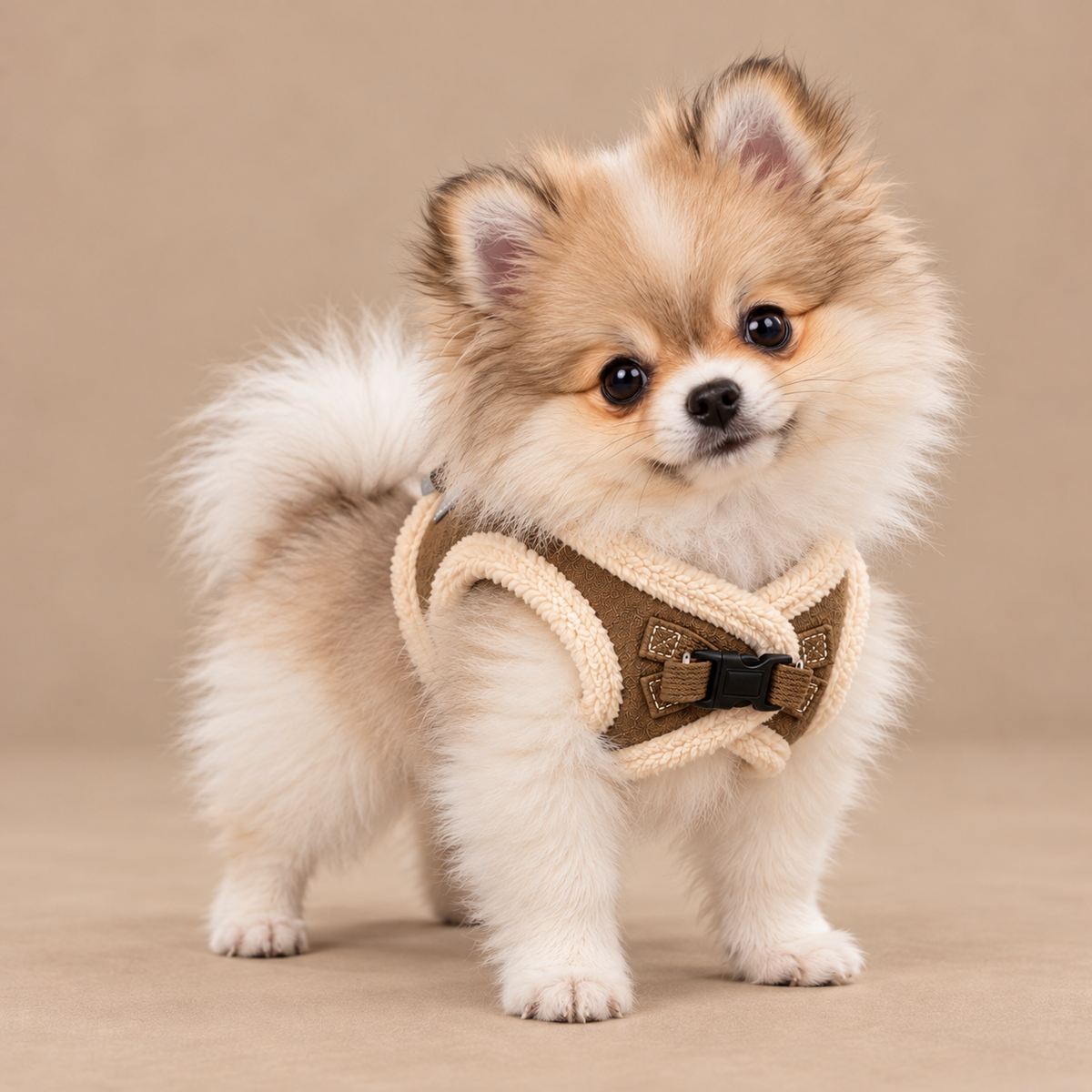 Luxury Pomeranian & Small Dog Harness In Soft Touch Suede Effect Faux Fur Lined Mocha Colour 🤎🐾