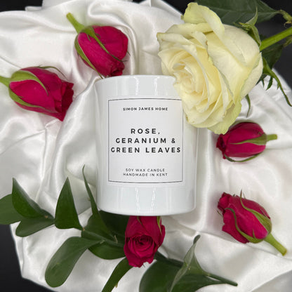 Rose, Geranium & Green Leaves Candle - Luxury Soy Wax - Rose Candle