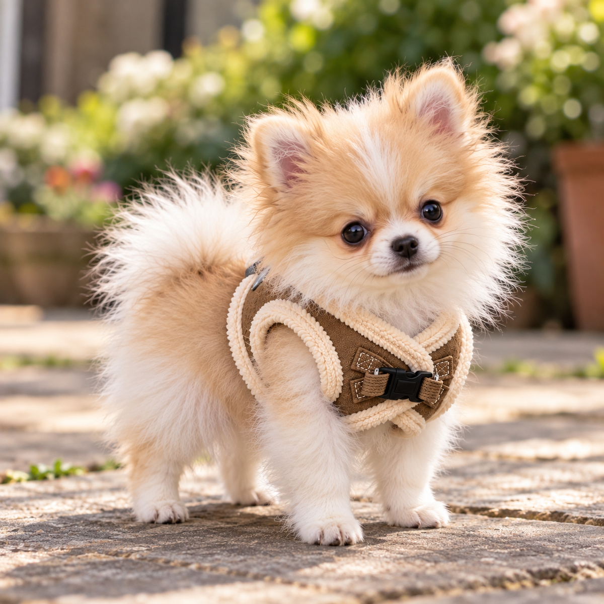 Luxury Pomeranian & Small Dog Harness In Soft Touch Suede Effect Faux Fur Lined Mocha Colour 🤎🐾