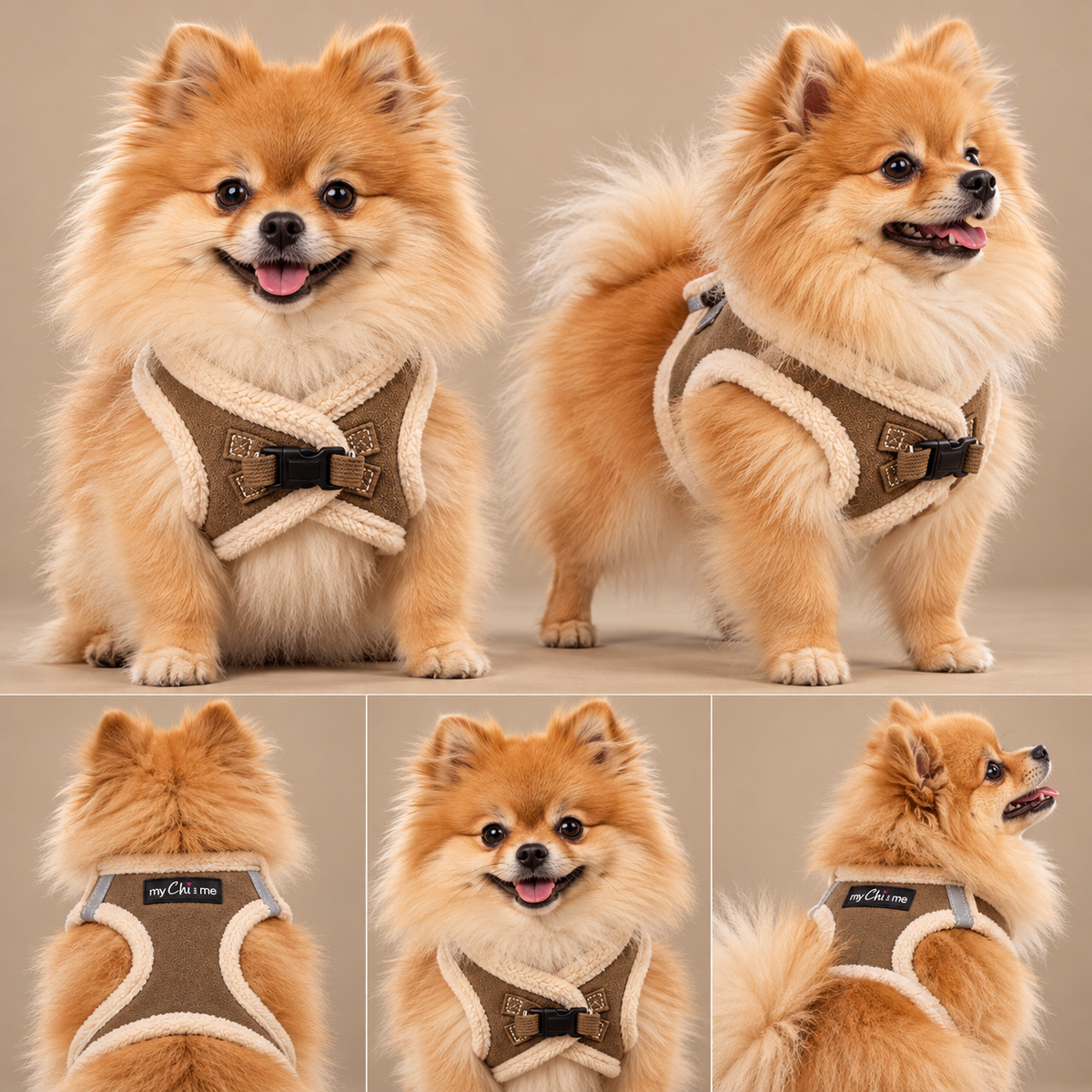 Luxury Pomeranian & Small Dog Harness In Soft Touch Suede Effect Faux Fur Lined Mocha Colour 🤎🐾