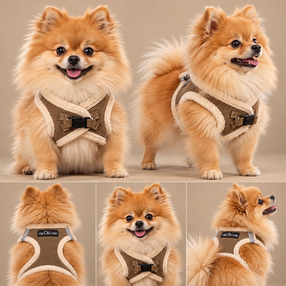 Luxury Pomeranian & Small Dog Harness In Soft Touch Suede Effect Faux Fur Lined Mocha Colour 🤎🐾