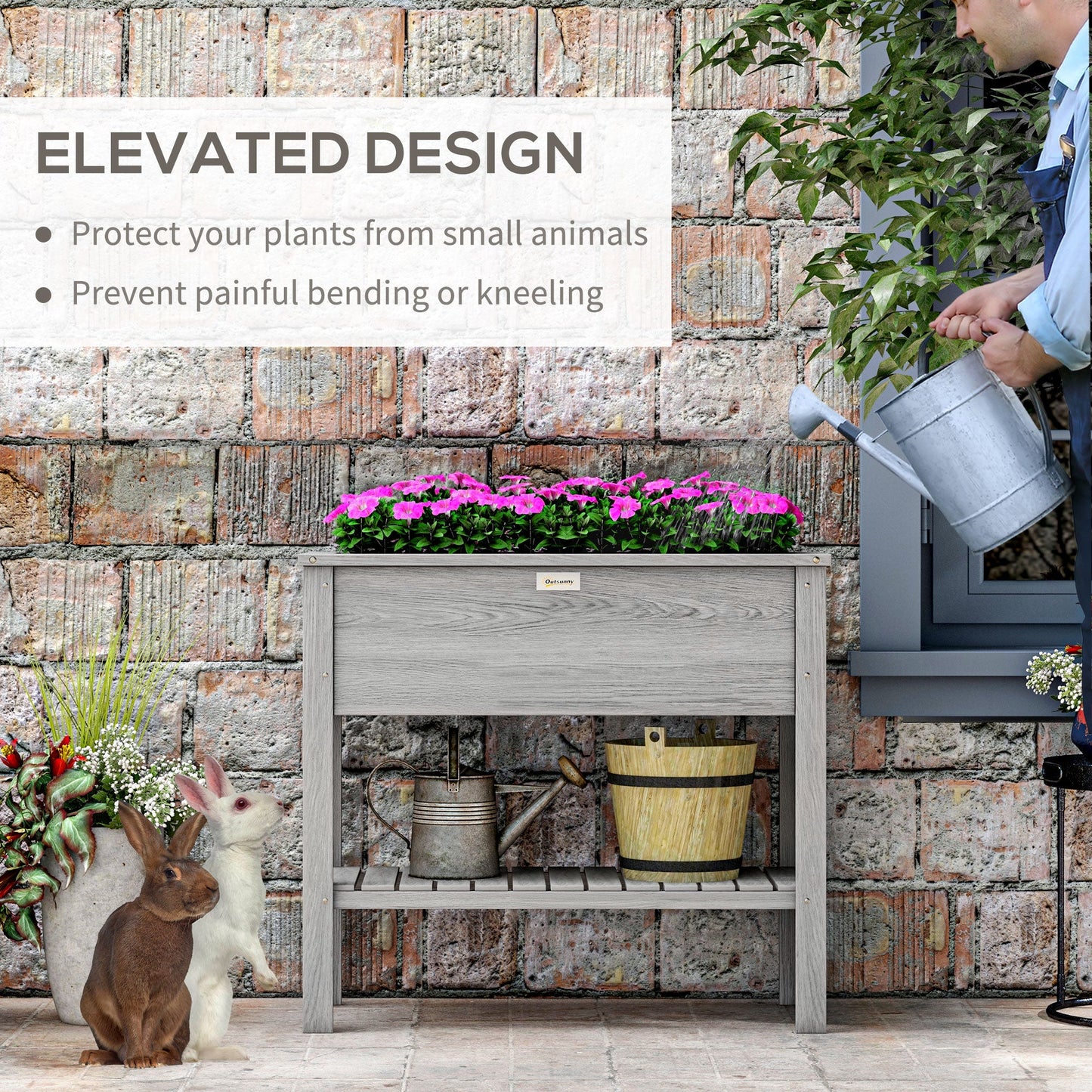 Outsunny Wooden Raised Garden Bed, Elevated Planter Box with Storage Shelf and Drainage Holes, Raised Planter with Legs, Grey