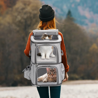 FASNATI Double-Compartment Pet Carrier Backpack, Cat Carrier Backpack for 2 Small Cats, Dogs and Rabbits, Perfect for Traveling/Hiking/Camping, Grey