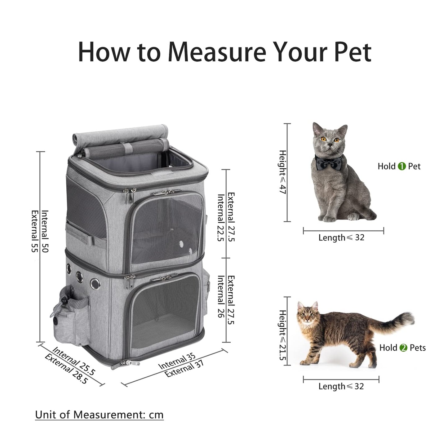 FASNATI Double-Compartment Pet Carrier Backpack, Cat Carrier Backpack for 2 Small Cats, Dogs and Rabbits, Perfect for Traveling/Hiking/Camping, Grey