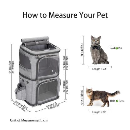 FASNATI Double-Compartment Pet Carrier Backpack, Cat Carrier Backpack for 2 Small Cats, Dogs and Rabbits, Perfect for Traveling/Hiking/Camping, Grey