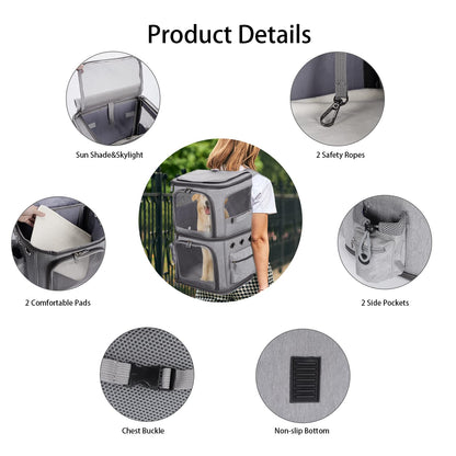 FASNATI Double-Compartment Pet Carrier Backpack, Cat Carrier Backpack for 2 Small Cats, Dogs and Rabbits, Perfect for Traveling/Hiking/Camping, Grey