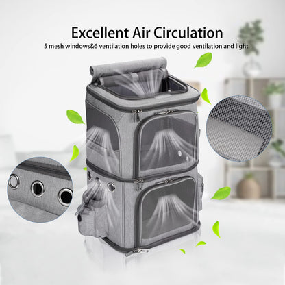 FASNATI Double-Compartment Pet Carrier Backpack, Cat Carrier Backpack for 2 Small Cats, Dogs and Rabbits, Perfect for Traveling/Hiking/Camping, Grey