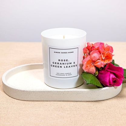 Rose, Geranium & Green Leaves Candle - Luxury Soy Wax - Rose Candle