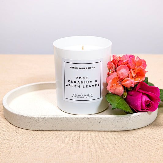 Rose, Geranium & Green Leaves Candle - Luxury Soy Wax - Rose Candle