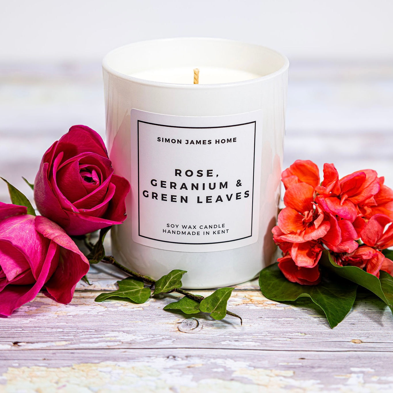 Rose, Geranium & Green Leaves Candle - Luxury Soy Wax - Rose Candle