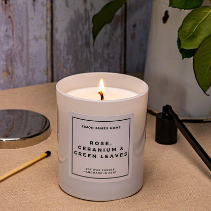 Rose, Geranium & Green Leaves Candle - Luxury Soy Wax - Rose Candle