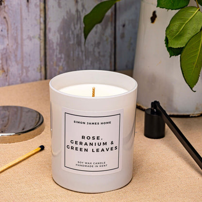 Rose, Geranium & Green Leaves Candle - Luxury Soy Wax - Rose Candle