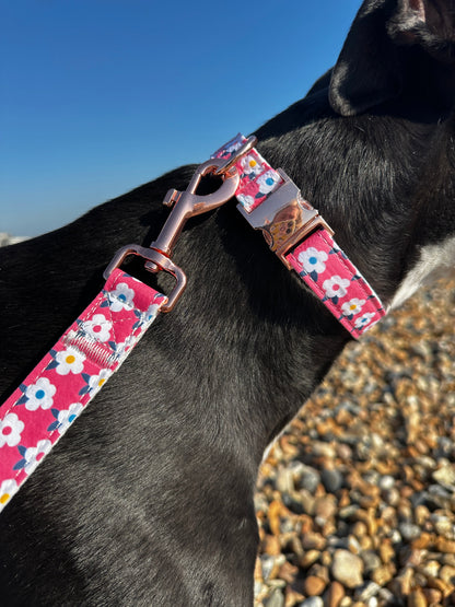 Retro Floral Dog Collar and Lead Set in Rose Pink with Rose Gold Hardware by happyhounds