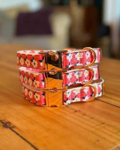 Retro Floral Dog Collar and Lead Set in Rose Pink with Rose Gold Hardware by happyhounds