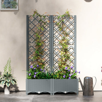 Outsunny Raised Garden Bed with Trellis, Plastic Planter Box with Drainage Holes, Drain Plugs and Water Reservoirs for Climbing Plants, Vegetables, Flowers, Grey