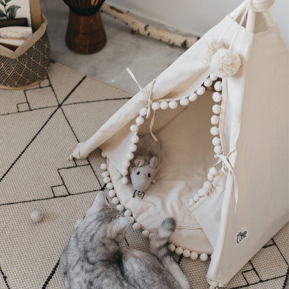 MINICAMP Cat Teepee & Small Dog Tent in Ecru with Pompoms – Size S
