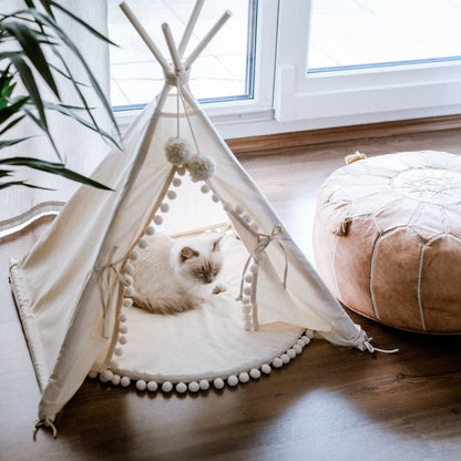 MINICAMP Dog Teepee & Large Cat Tent in Ecru with Pompoms – Size M