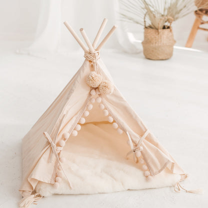 MINICAMP Teepee Tent for Cats, Dogs & Rabbits in Ecru with Faux Fur Mat – Sizes XS, S, M, L