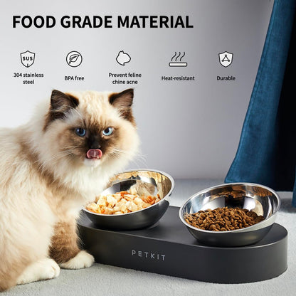 PETKIT Cat Bowls with Stand Tilted, 0 &15° Stainless Steel Elevated Cat Feeding Bowls for Cats and Small Dogs, Raised Cat Food and Water Bowls, Stress Free, Food Grade Material, Anti Slip None Spill