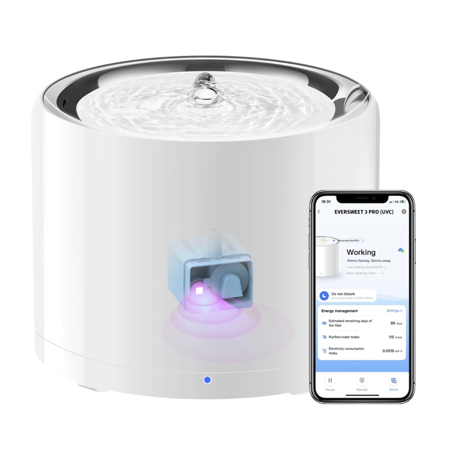 PETKIT Cat Water Fountain, UVC Wireless Pump, APP Control, 1.8L Cat Fountain Stainless Steel, Ultra Quiet, Hygienic Fresh Water for Cats Dogs, 3 Working Mode, Smart LED Light, Activated Carbon Filter
