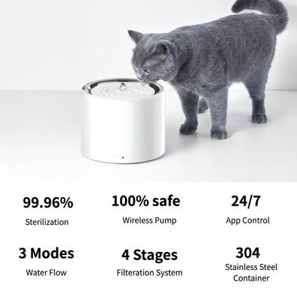 PETKIT Cat Water Fountain, UVC Wireless Pump, APP Control, 1.8L Cat Fountain Stainless Steel, Ultra Quiet, Hygienic Fresh Water for Cats Dogs, 3 Working Mode, Smart LED Light, Activated Carbon Filter