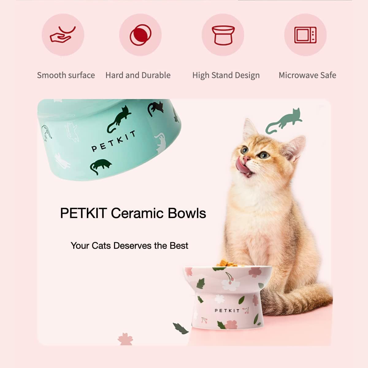 PETKIT Raised Cat Bowl, Ceramic Cat Elevated Food Bowl, Stress Free, Anti Vomiting, Backflow Prevention Cat Dog Water Bowl, Dishwasher and Microwave Safe, Pink
