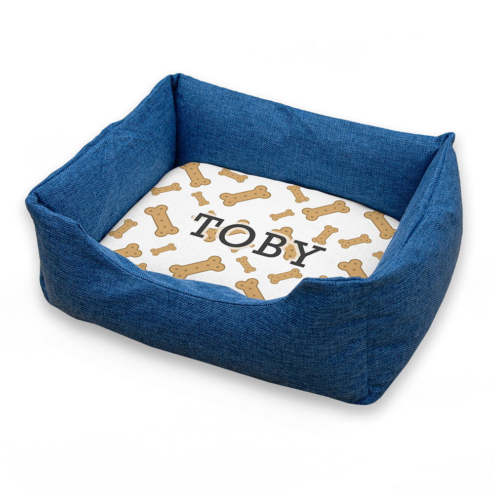 Personalised Blue Comfort Dog Bed With Dog Biscuit Design