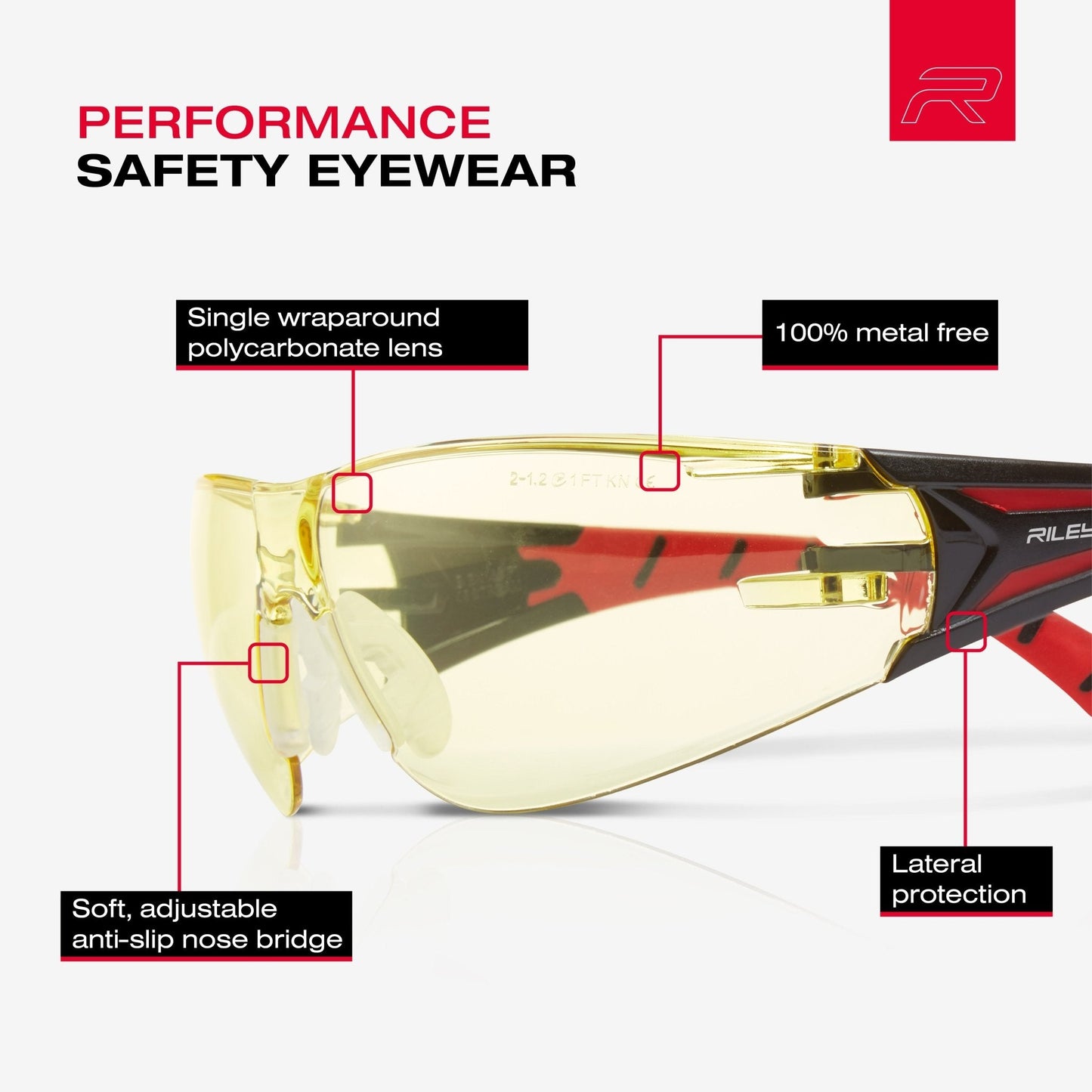 RILEY Stream Red Frameless Metal-Free Safety Glasses with Yellow Tint Lens