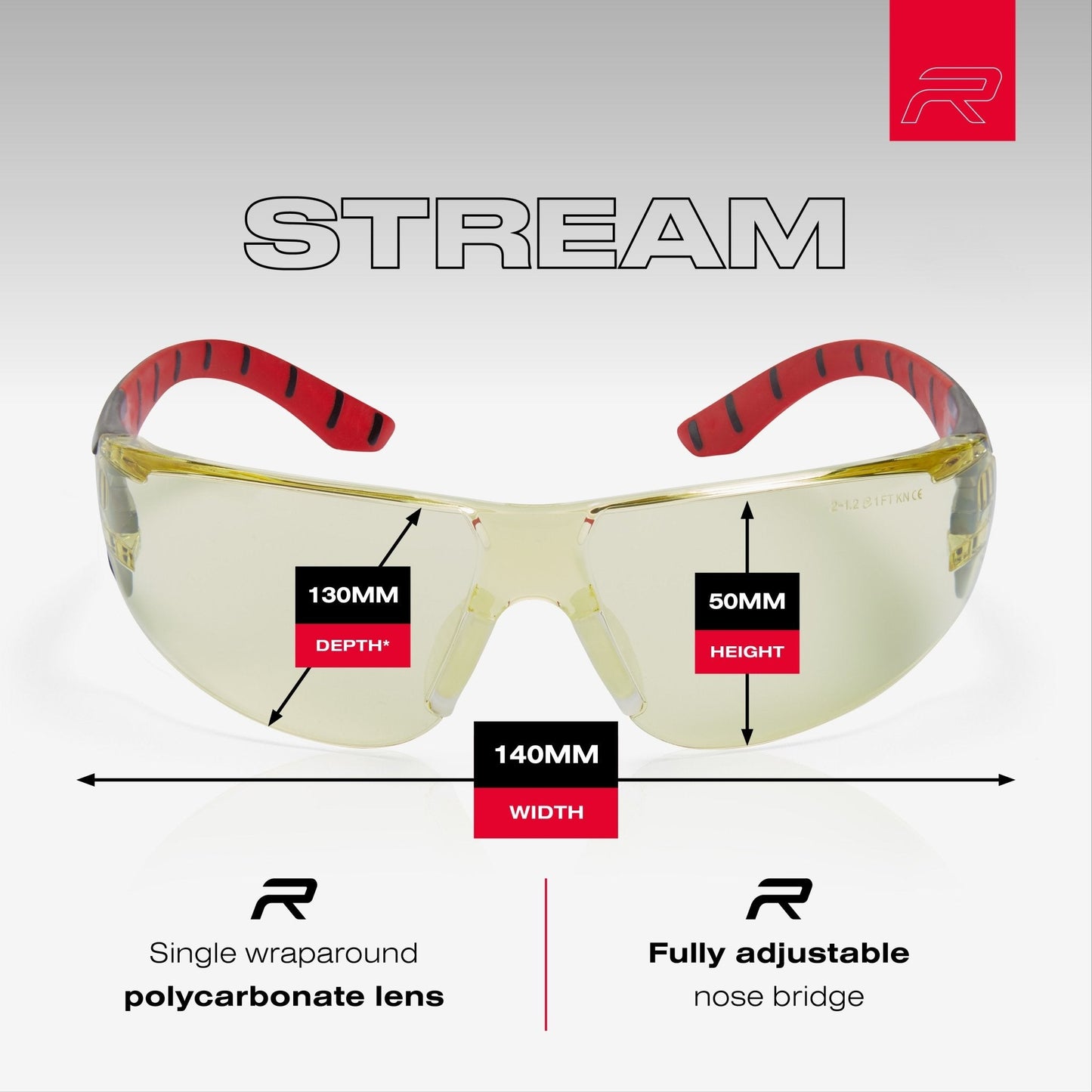 RILEY Stream Red Frameless Metal-Free Safety Glasses with Yellow Tint Lens