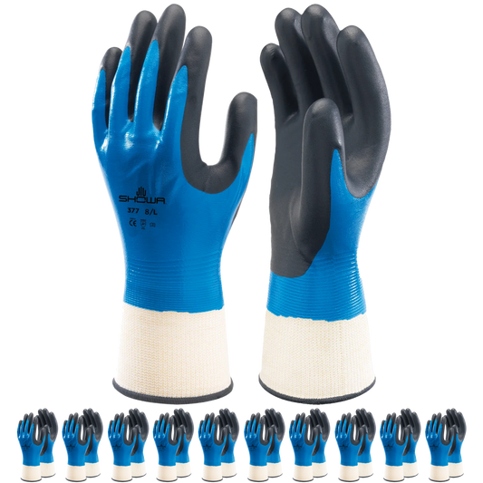 SHOWA 377 Waterproof Impermeable Fully Coated Work Gloves with Nitrile Grip (PACK of 10 PAIRS)