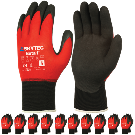 SKYTEC Beta 1 Tricolore Flexible Lightweight Low Cut Protection Red Safety Work Gloves with Grip Palm (PACK of 10 PAIRS)