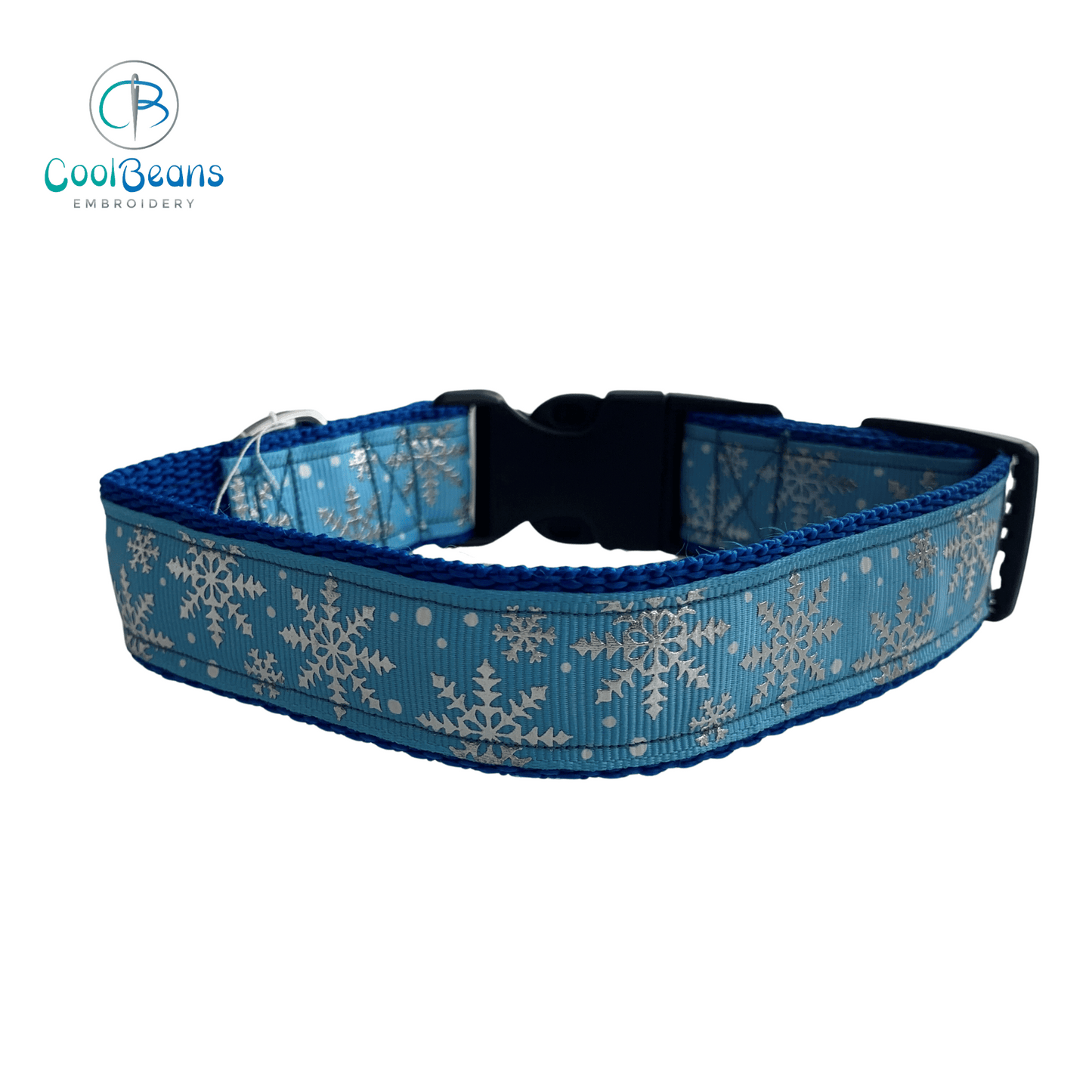 Dog Collar - Christmas Snowflakes Blue - Handcrafted - Personalised - 25mm