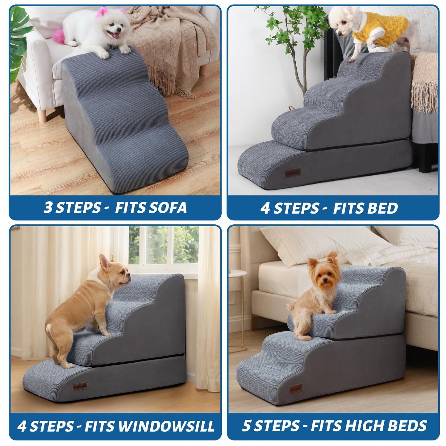 Aodisman 4-Step Dog Stairs & Ramp for Beds or Couches – 21" Grey Non-Slip Pet Steps