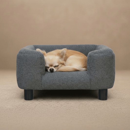 Luxury Dog Sofa Bed for Small Dogs & Cats – Solid Mango Wood & Grey Tweed