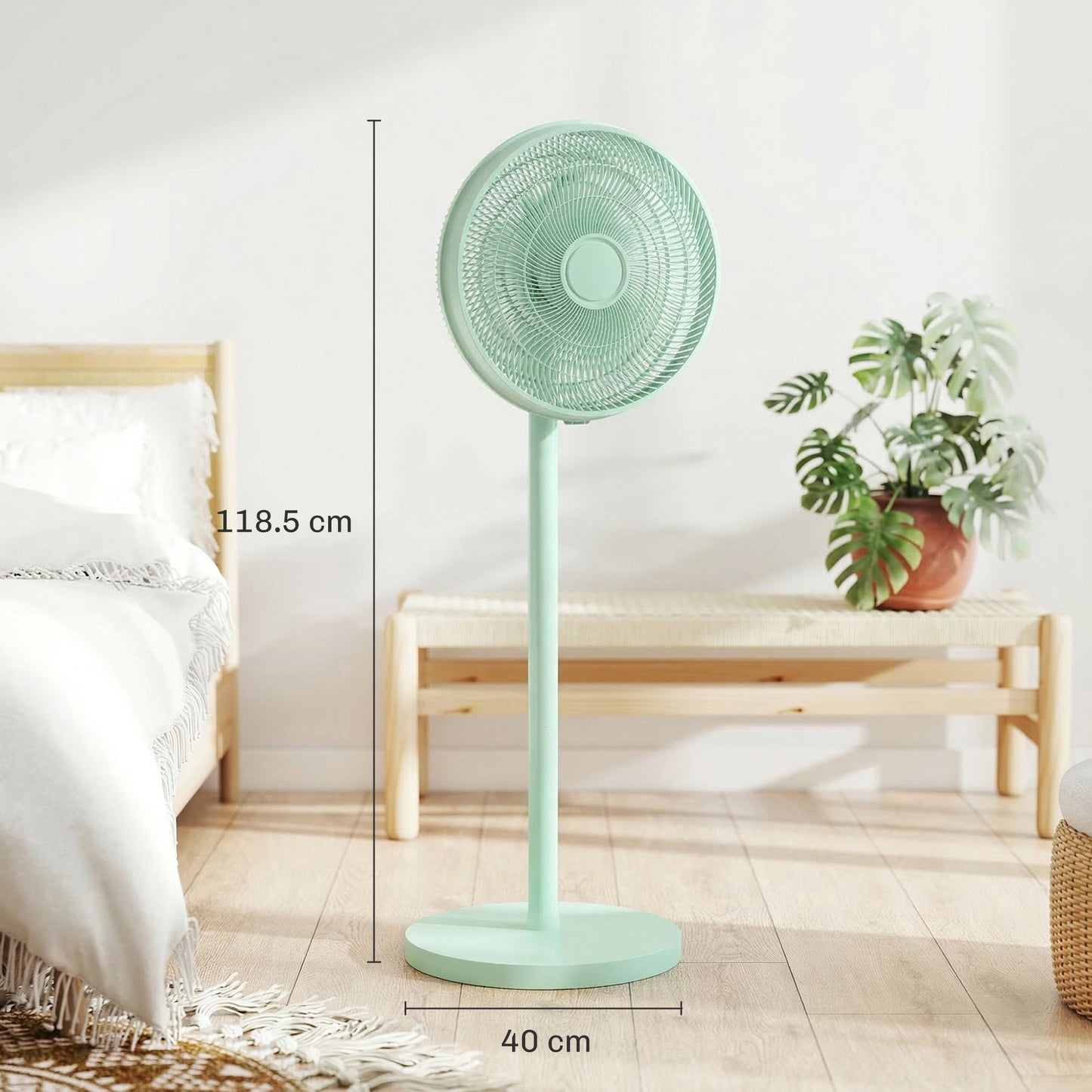 HOMCOM 40 cm Standing Fan, Cooling Floor Fan with 80° Oscillating, Adjustable Tilt and Height, 4 Speed, Remote Control, Green