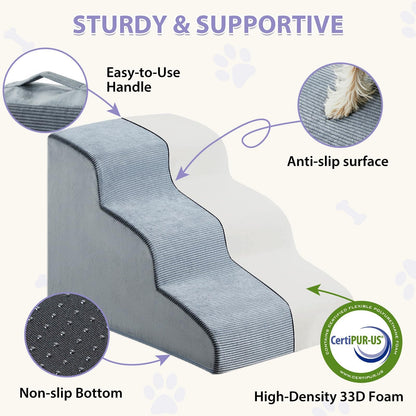 LEXTRO Dog Stairs for Small Dogs — 3-Step Bed & Couch Ramp with Foam Support & Non-Slip Bottom (15.7 in)