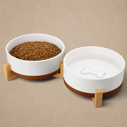 MALACASA Dog Bowls Set with Wooden Stand – 6 Cup Ceramic Food & Water Bowls for Medium to Large Dogs | 58 oz