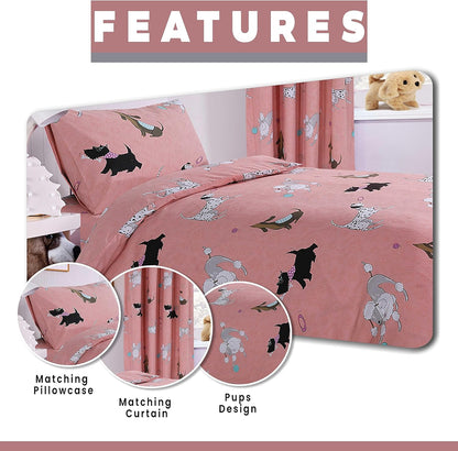 OLIVIA ROCCO Pink Dog Print Duvet Cover Set With Matching Curtains Cotton Blend Bedding