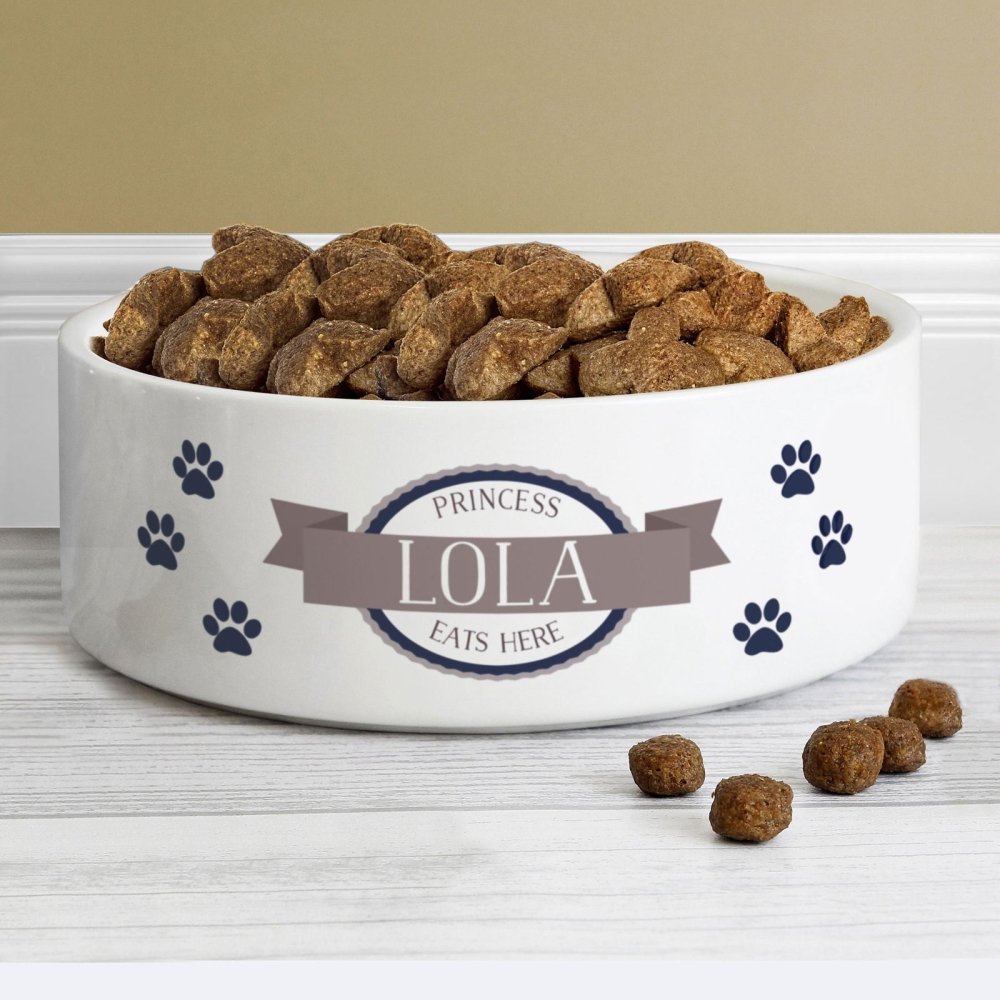 Personalised Blue Paws 14Cm Medium White Pet Bowl