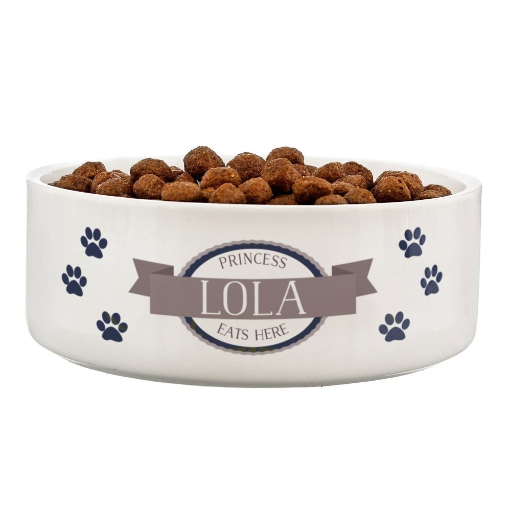 Personalised Blue Paws 14Cm Medium White Pet Bowl