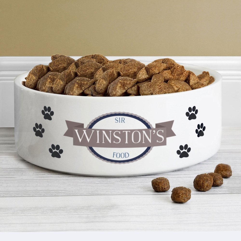 Personalised Blue Paws 14Cm Medium White Pet Bowl