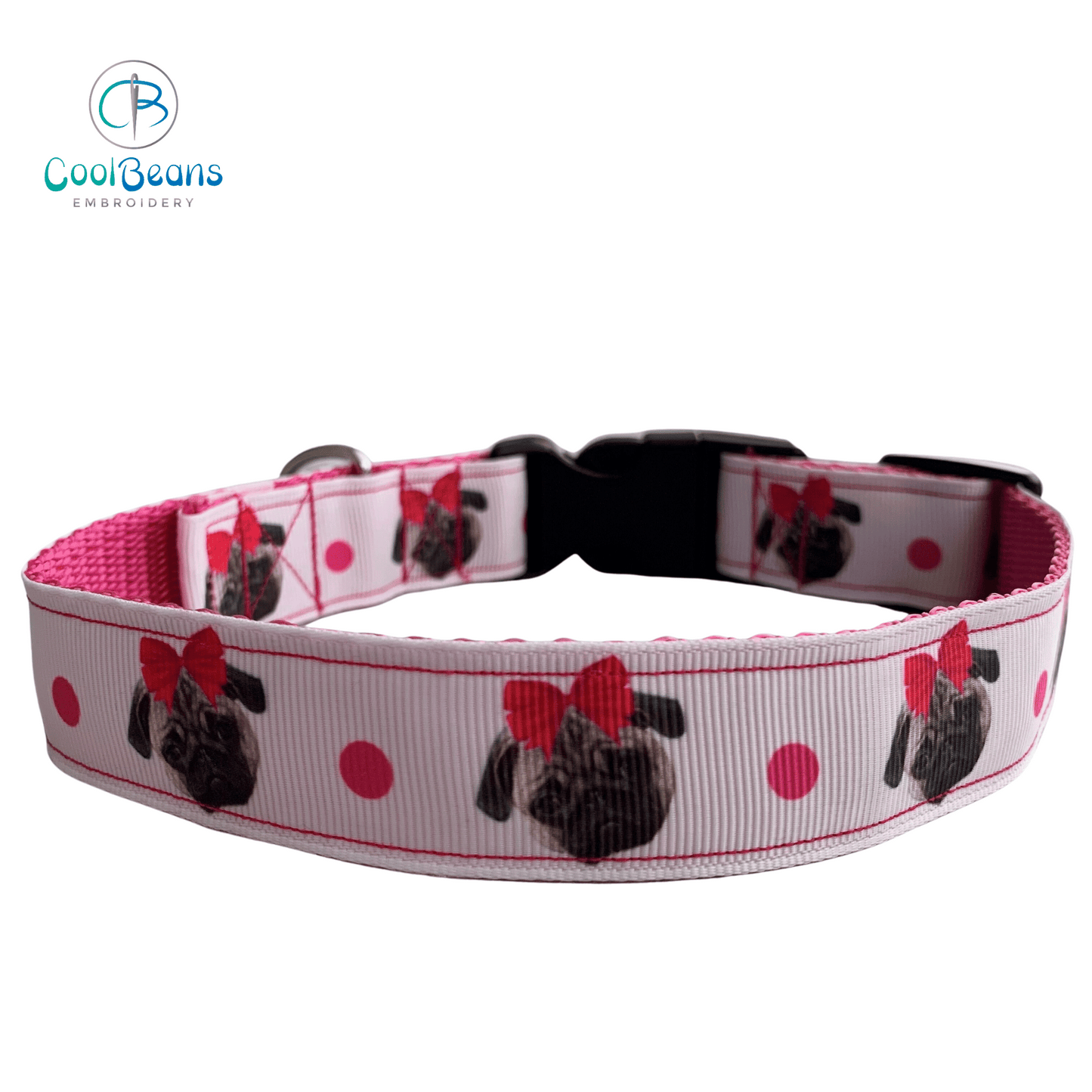 Dog Collar - Pugs - Handcrafted - Personalised - 25mm