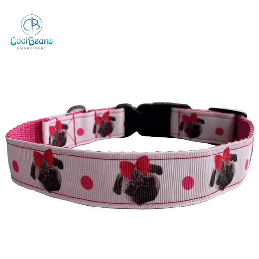 Dog Collar - Pugs - Handcrafted - Personalised - 25mm