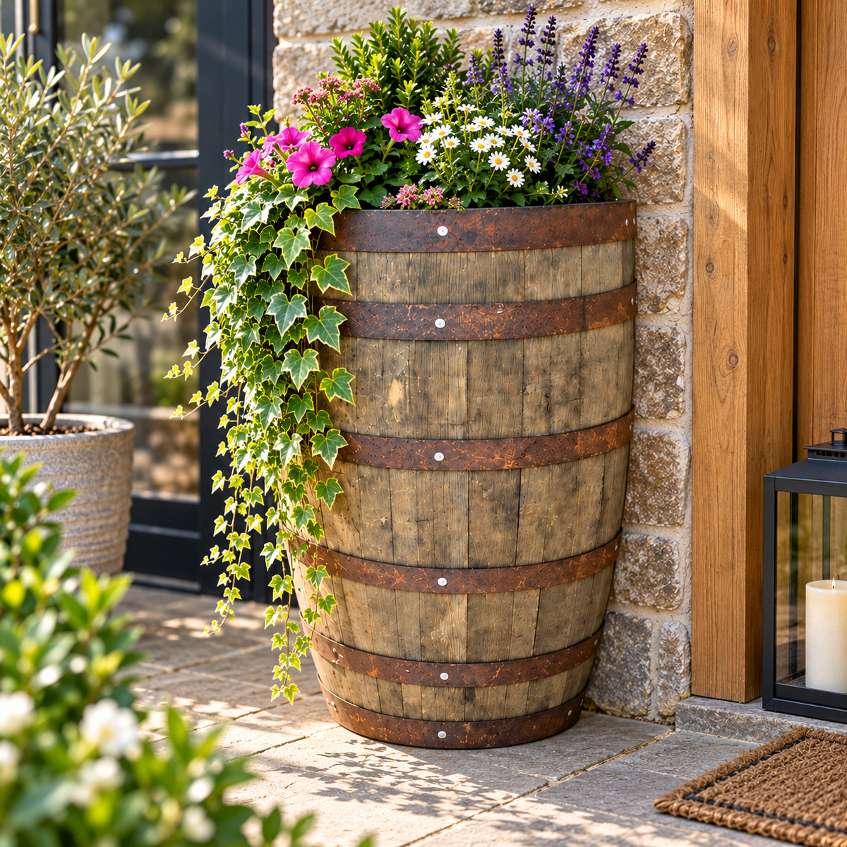 Reclaimed Half Whisky Barrel Planter – Large Freestanding Oak Garden Planter